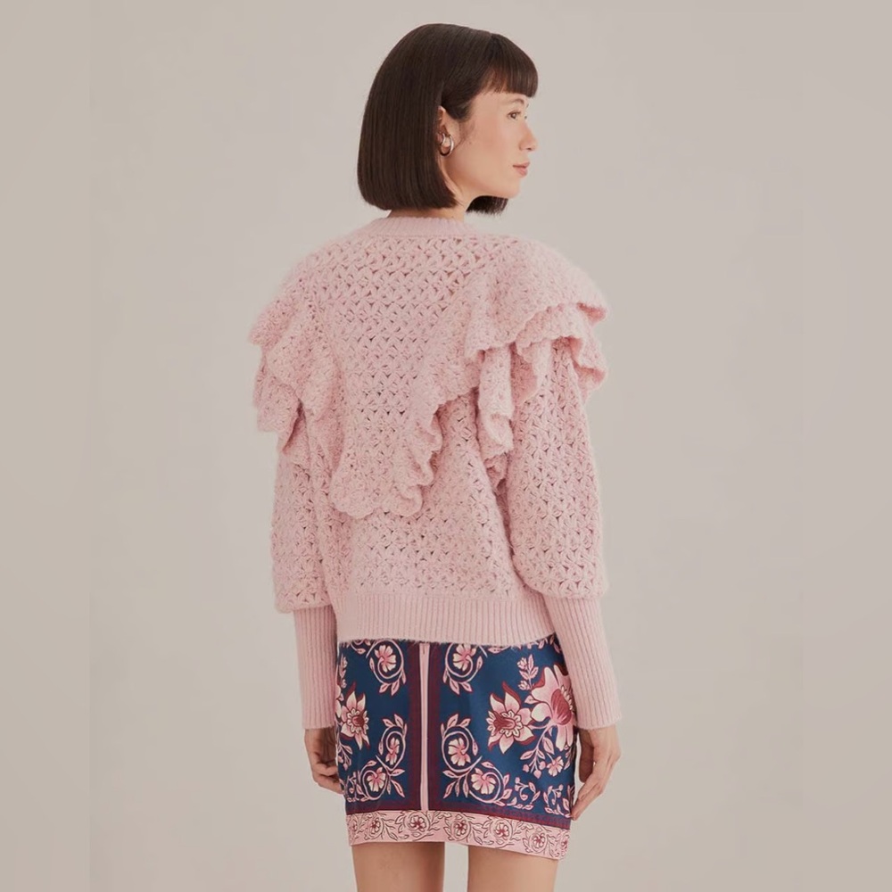 Farm Rio Pink Flower Texture Crochet Knit Ruffle Cardigan Sweater NWT Small - Picture 6 of 16
